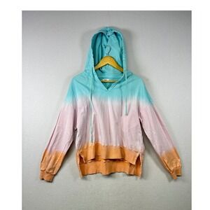 Tie Dye Hoodie Aqua Pink Orange V Neck Long Sleeve Pullover Sweatshirt Size L
